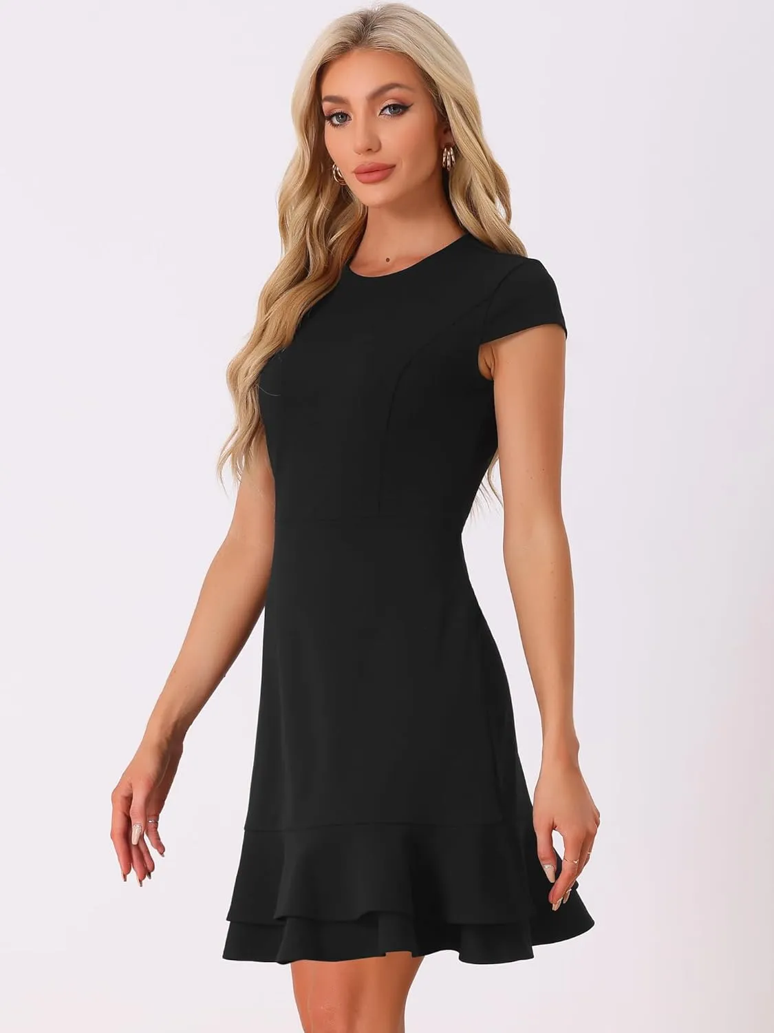 Allegra K Women's Cap Sleeves Round Neck Tiered Ruffled Hem Above Knee Dress