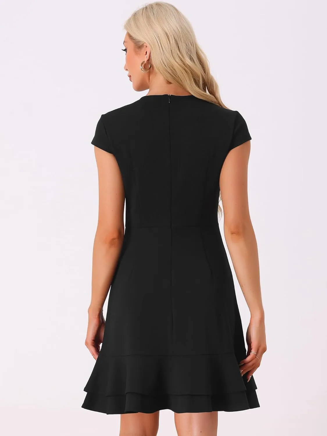 Allegra K Women's Cap Sleeves Round Neck Tiered Ruffled Hem Above Knee Dress