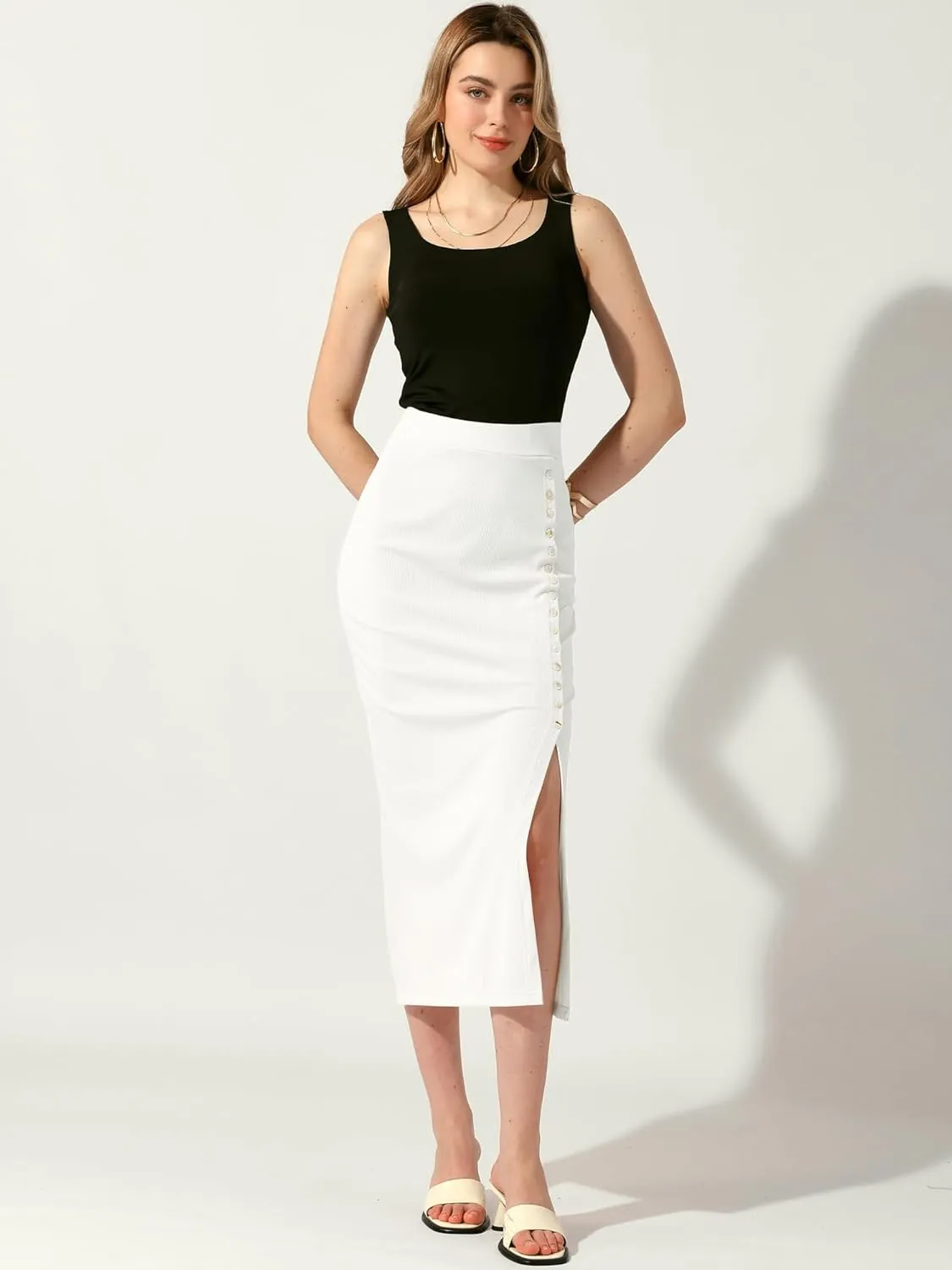 Allegra K Women's Long Pencil Skirt Casual Business Button Decor Ribbed Knit Basic Bodycon Midi Skirts Skorts