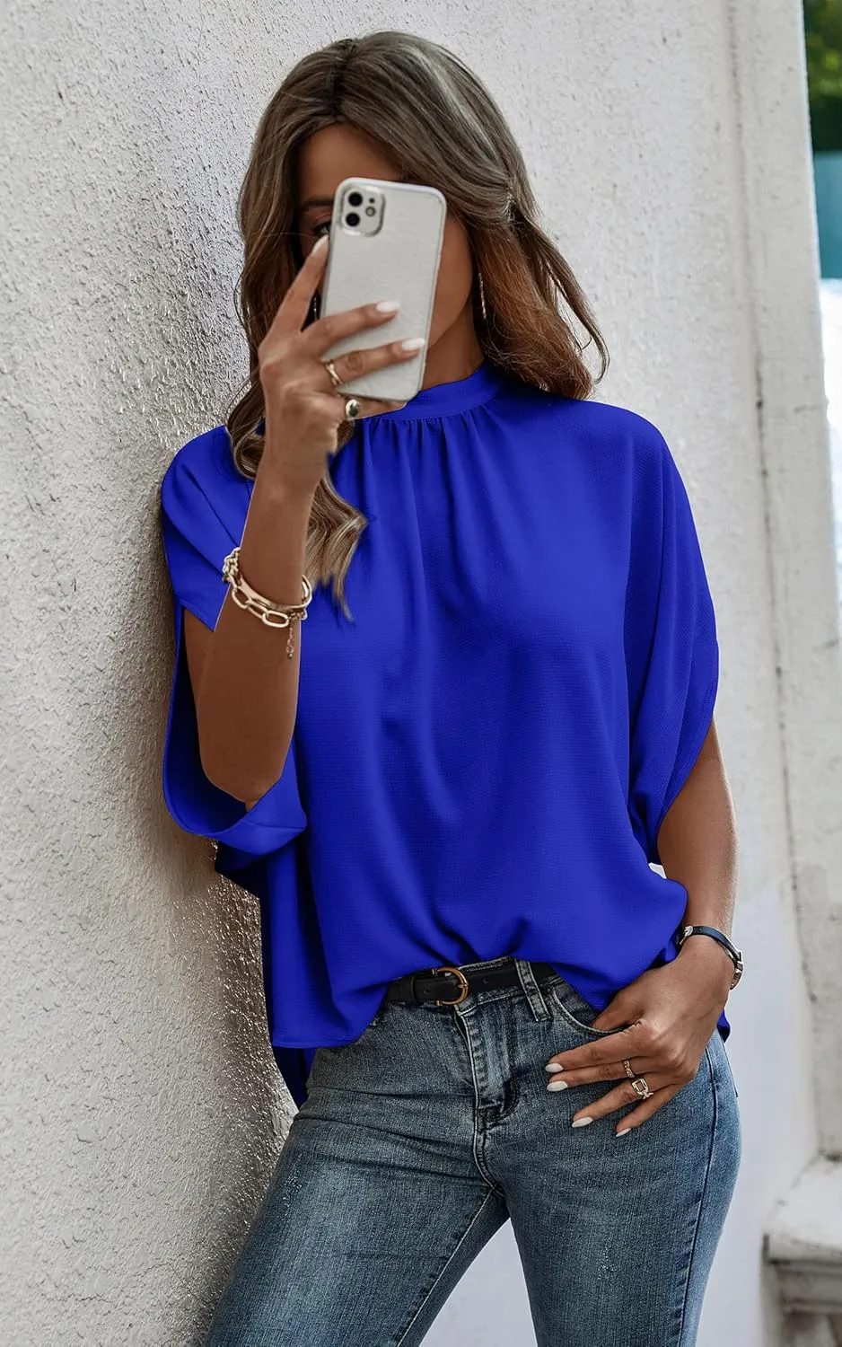 Angashion Womens Tops, Short Sleeve Casual Summer Top Solid Color Self Tie Loose Fit Drape Tunic Blouses Shirts