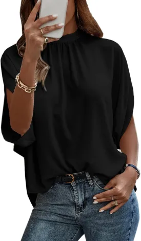 Angashion Womens Tops, Short Sleeve Casual Summer Top Solid Color Self Tie Loose Fit Drape Tunic Blouses Shirts