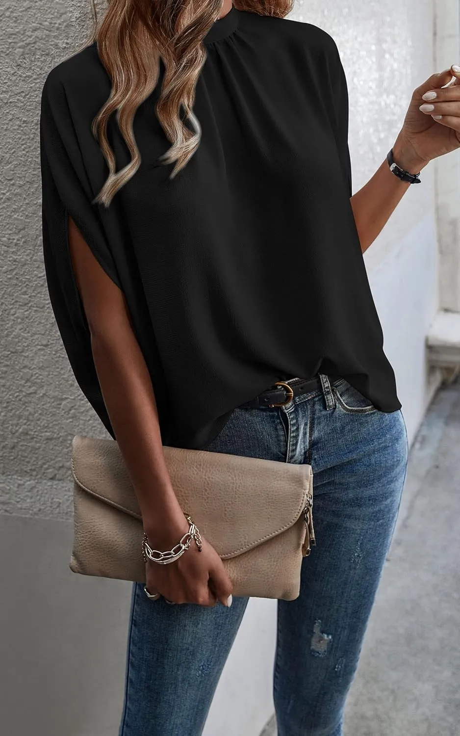 Angashion Womens Tops, Short Sleeve Casual Summer Top Solid Color Self Tie Loose Fit Drape Tunic Blouses Shirts