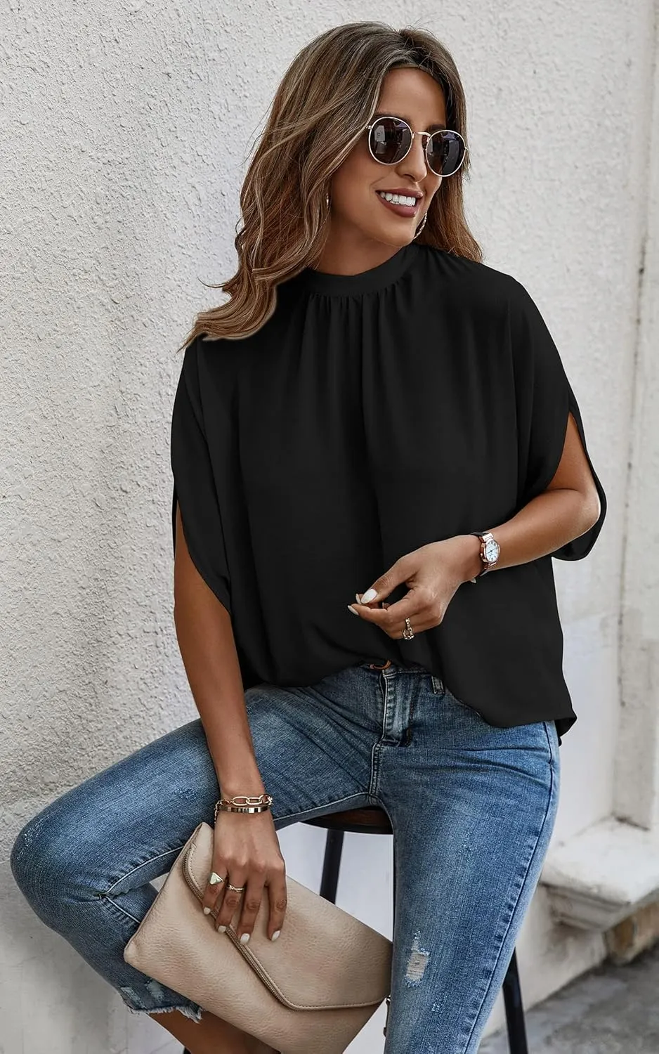 Angashion Womens Tops, Short Sleeve Casual Summer Top Solid Color Self Tie Loose Fit Drape Tunic Blouses Shirts