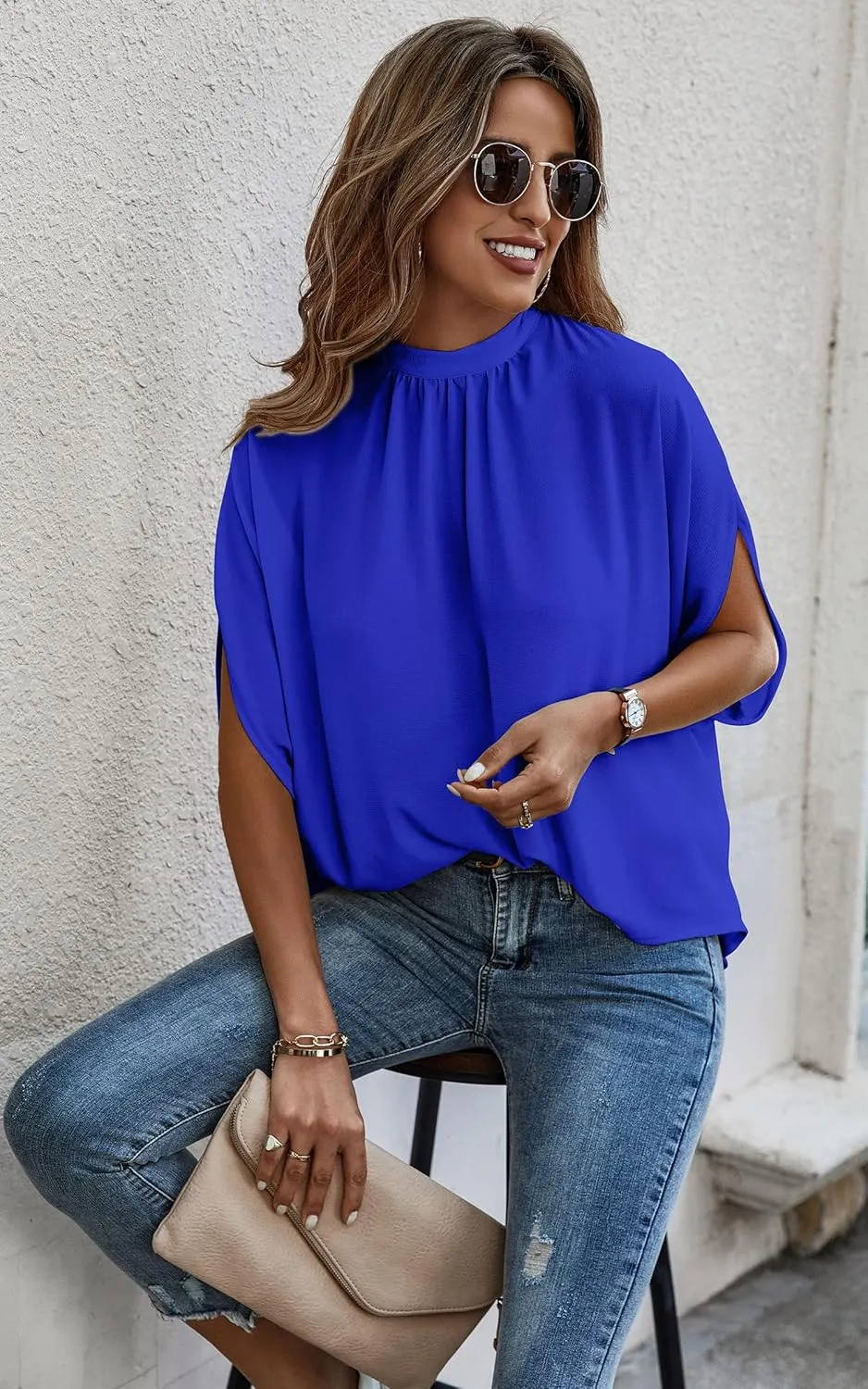 Angashion Womens Tops, Short Sleeve Casual Summer Top Solid Color Self Tie Loose Fit Drape Tunic Blouses Shirts