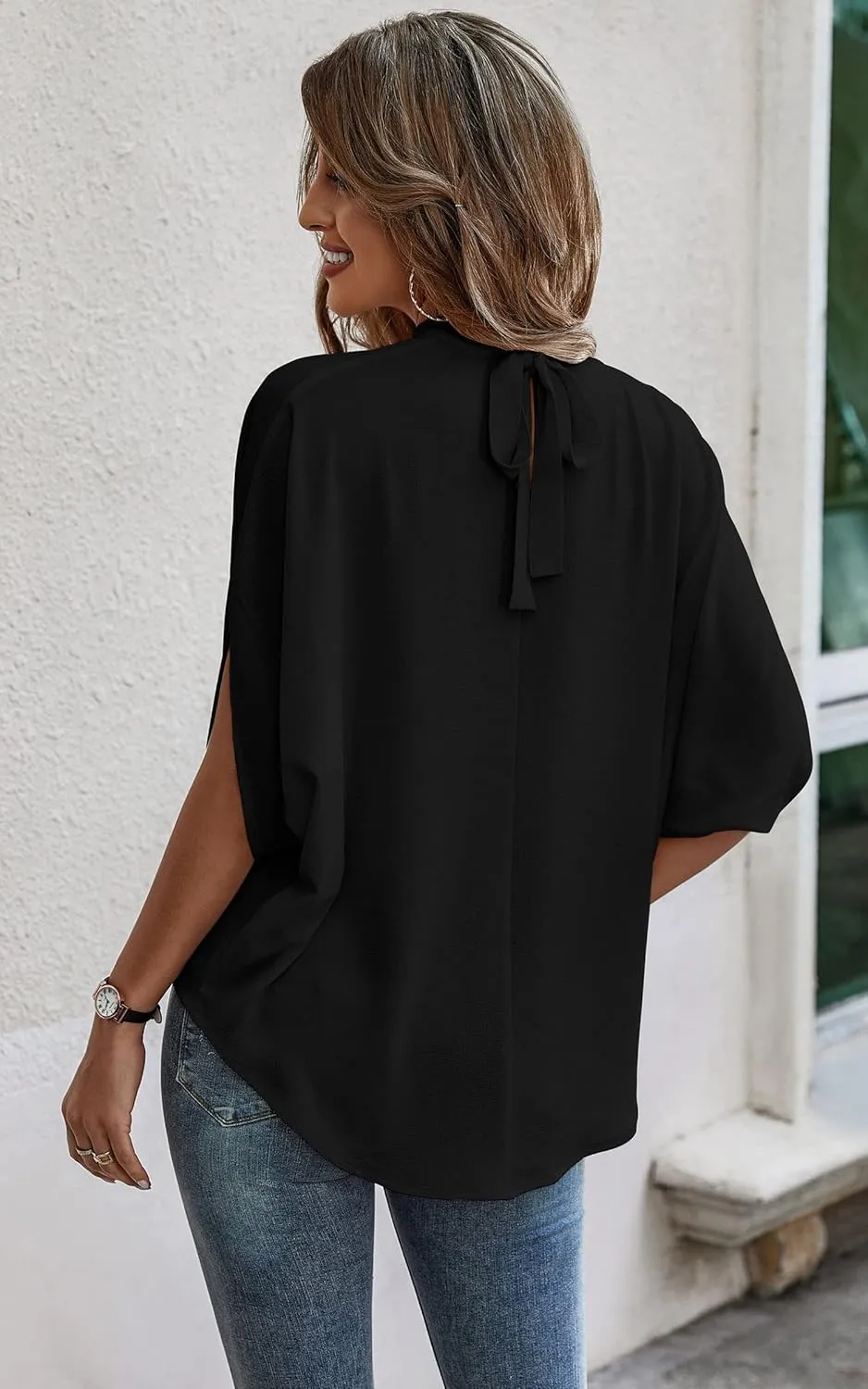 Angashion Womens Tops, Short Sleeve Casual Summer Top Solid Color Self Tie Loose Fit Drape Tunic Blouses Shirts