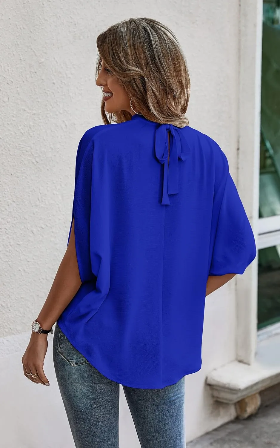 Angashion Womens Tops, Short Sleeve Casual Summer Top Solid Color Self Tie Loose Fit Drape Tunic Blouses Shirts