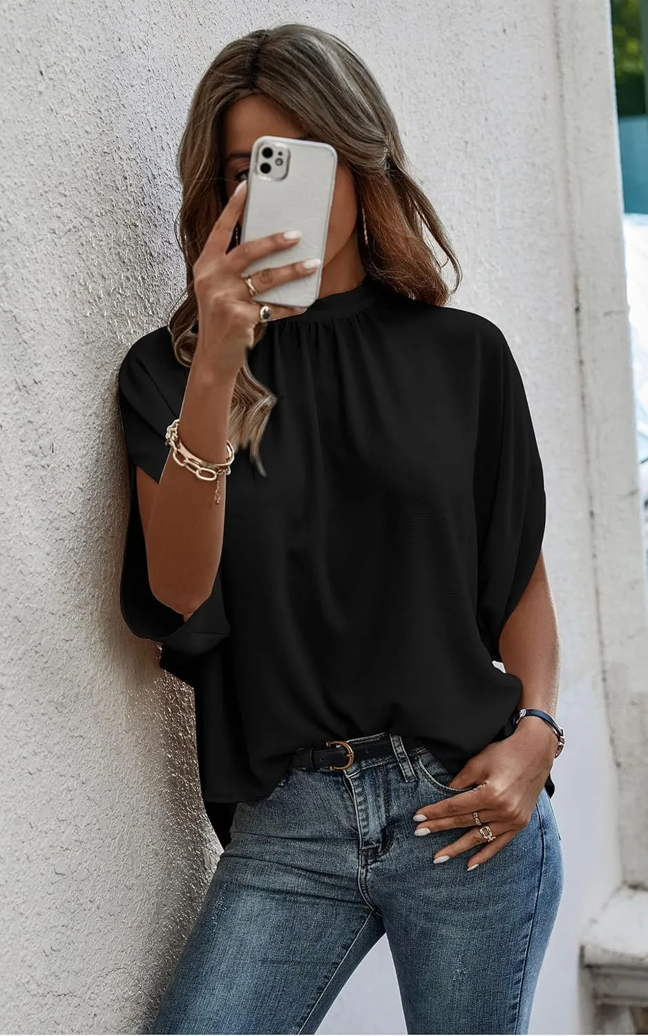 Angashion Womens Tops, Short Sleeve Casual Summer Top Solid Color Self Tie Loose Fit Drape Tunic Blouses Shirts
