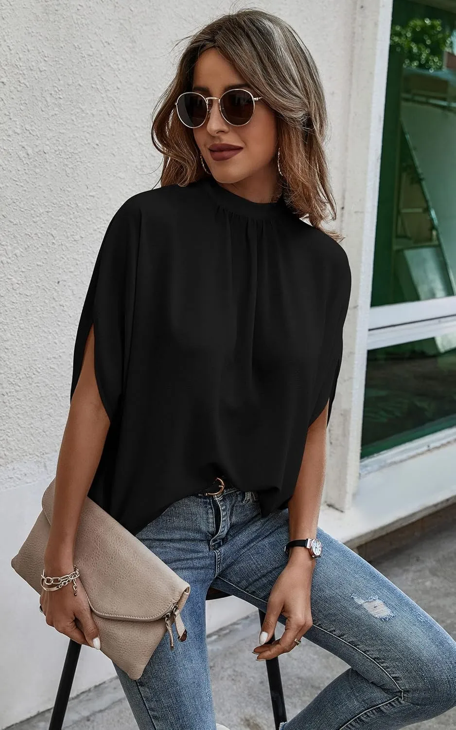 Angashion Womens Tops, Short Sleeve Casual Summer Top Solid Color Self Tie Loose Fit Drape Tunic Blouses Shirts