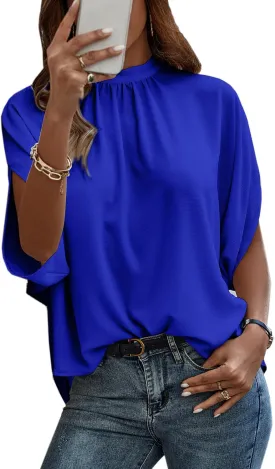 Angashion Womens Tops, Short Sleeve Casual Summer Top Solid Color Self Tie Loose Fit Drape Tunic Blouses Shirts