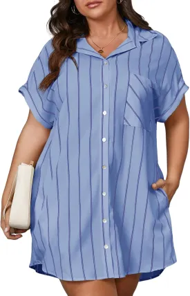 Beautife Women's Plus Size Button Down Shirt Dress Summer Striped Short Sleeve Casual Loose Fit Office Mini Dress Beautife Women's Plus Size Button Down Shirt Dress Summer Striped Short Sleeve Casual Loose Fit Office Mini Dress