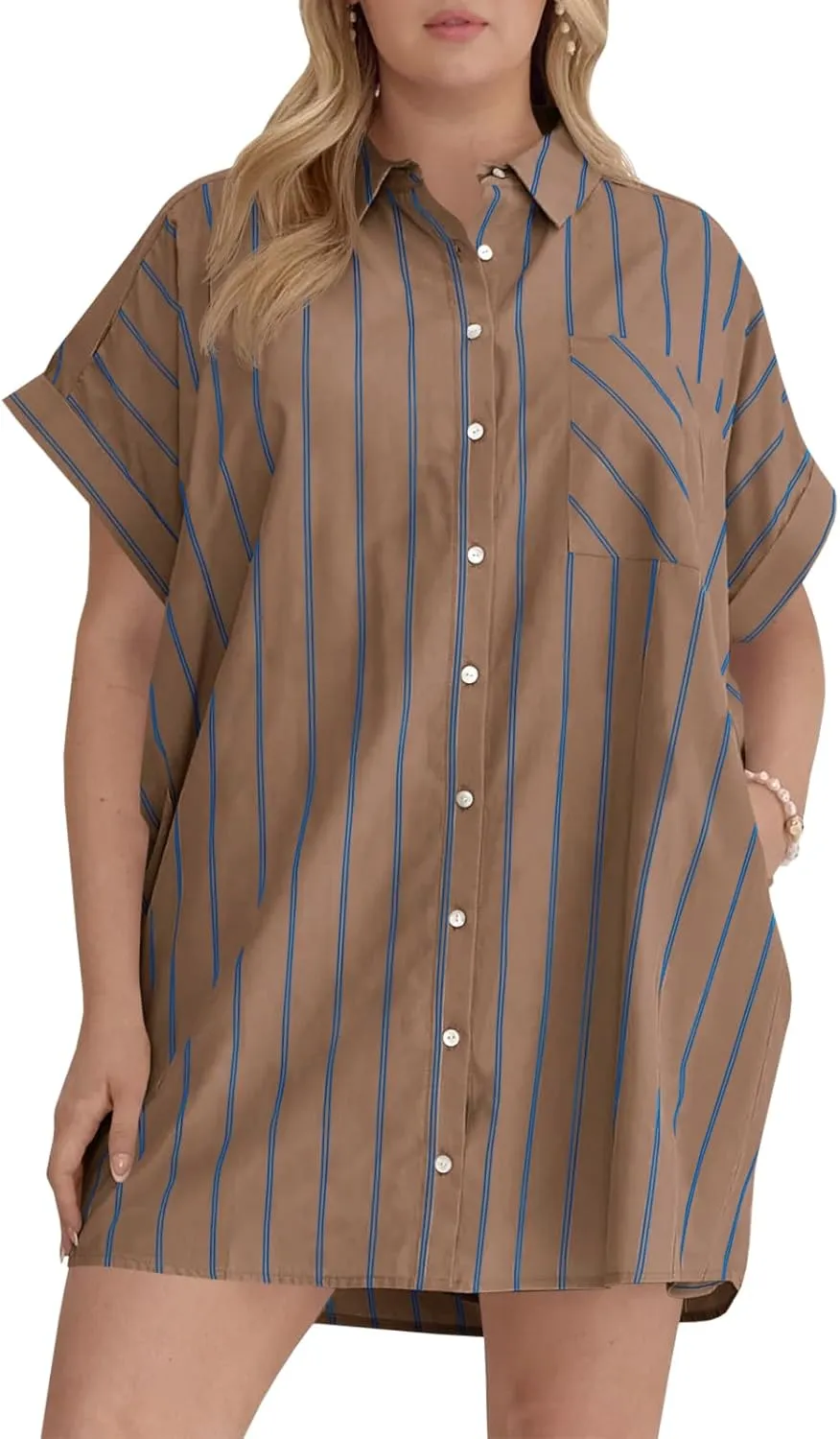 Beautife Women's Plus Size Button Down Shirt Dress Summer Striped Short Sleeve Casual Loose Fit Office Mini Dress