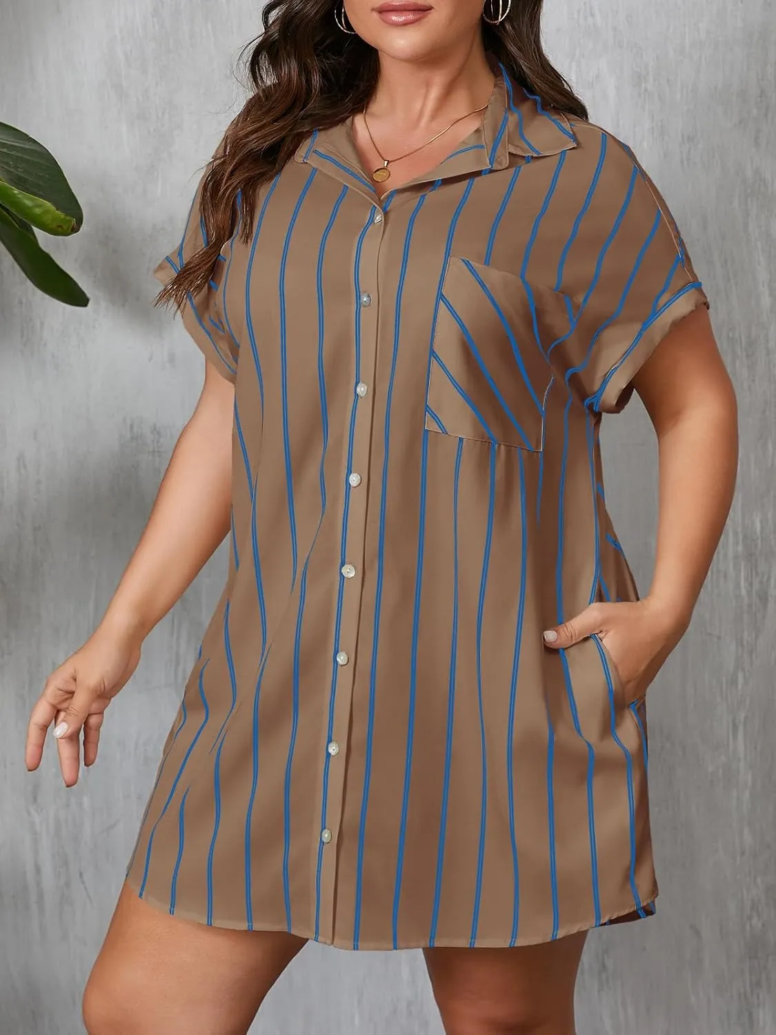 Beautife Women's Plus Size Button Down Shirt Dress Summer Striped Short Sleeve Casual Loose Fit Office Mini Dress