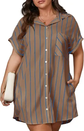 Beautife Women's Plus Size Button Down Shirt Dress Summer Striped Short Sleeve Casual Loose Fit Office Mini Dress