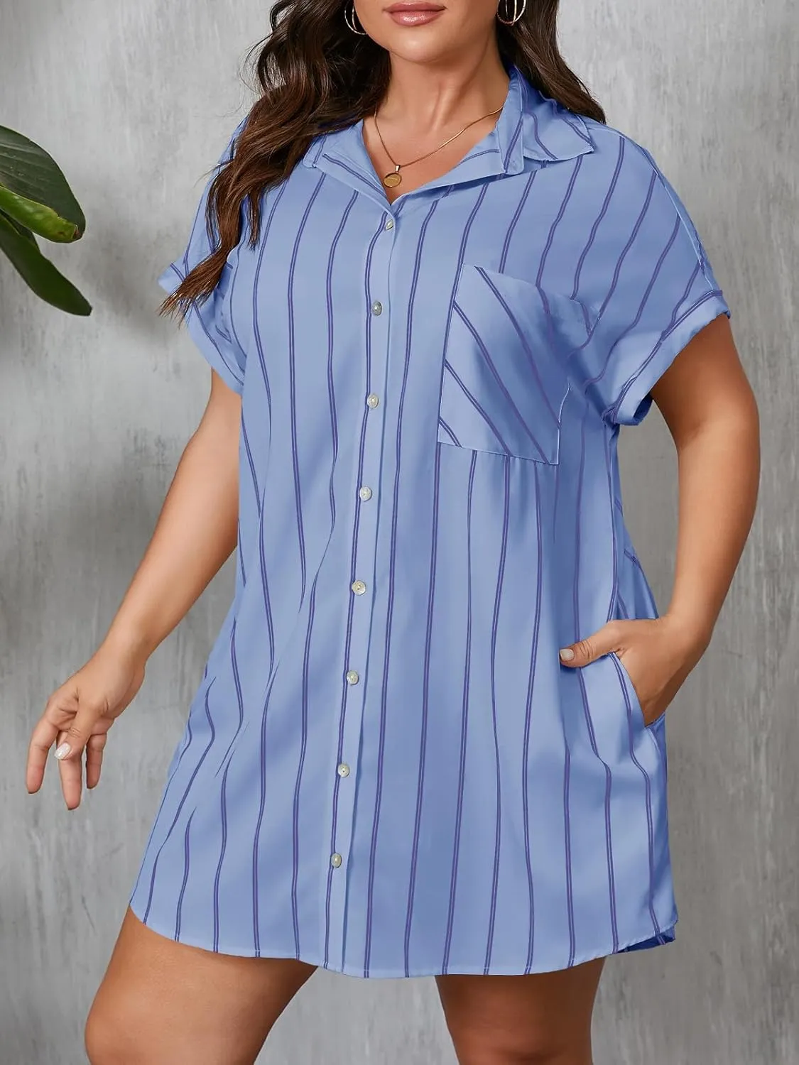 Beautife Women's Plus Size Button Down Shirt Dress Summer Striped Short Sleeve Casual Loose Fit Office Mini Dress