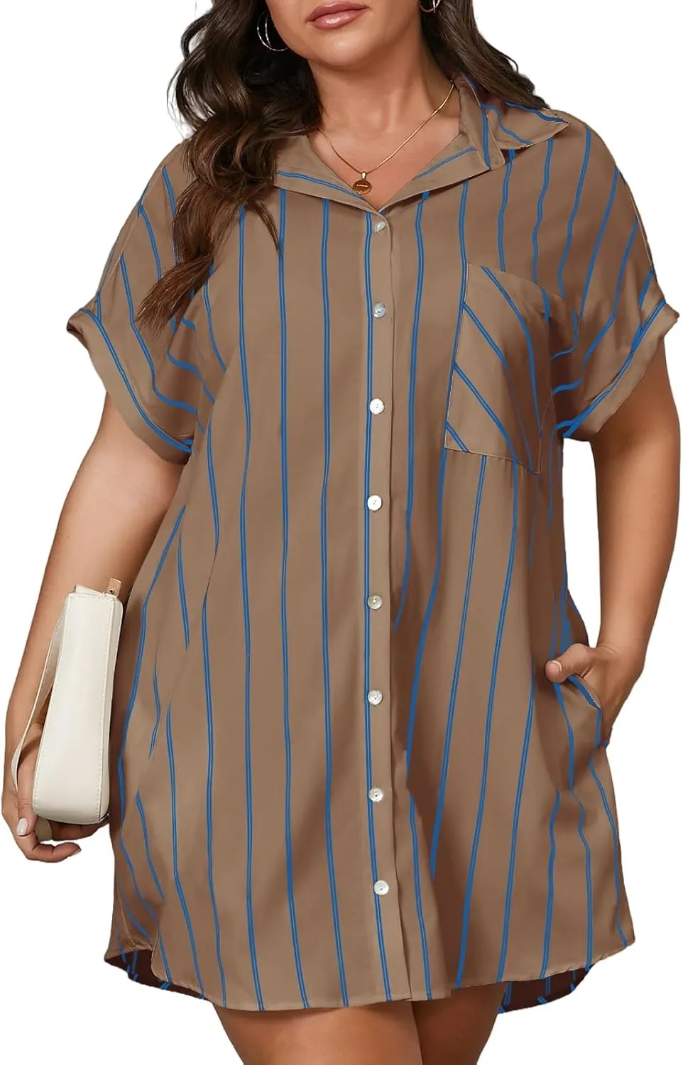 Beautife Women's Plus Size Button Down Shirt Dress Summer Striped Short Sleeve Casual Loose Fit Office Mini Dress