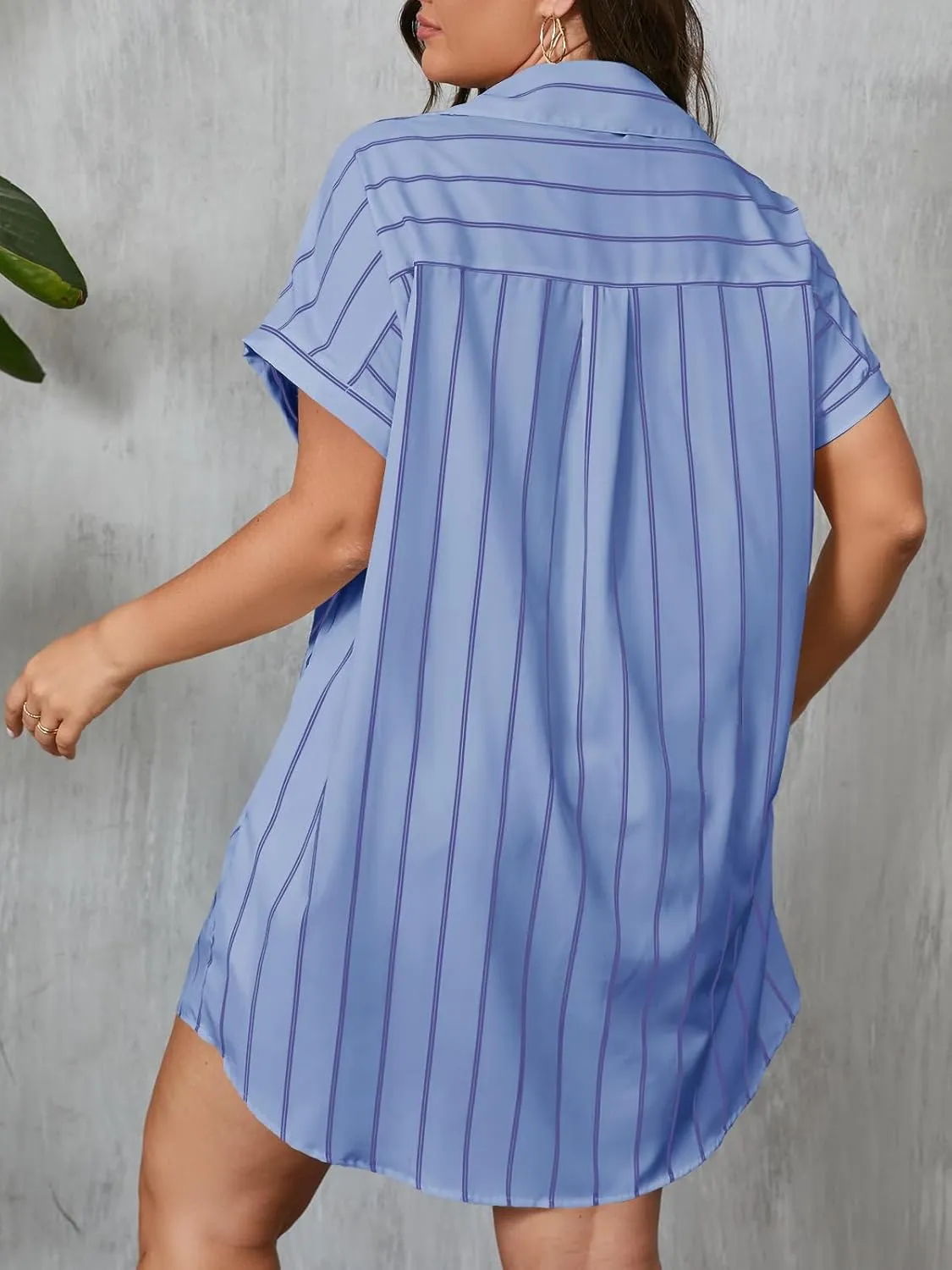 Beautife Women's Plus Size Button Down Shirt Dress Summer Striped Short Sleeve Casual Loose Fit Office Mini Dress