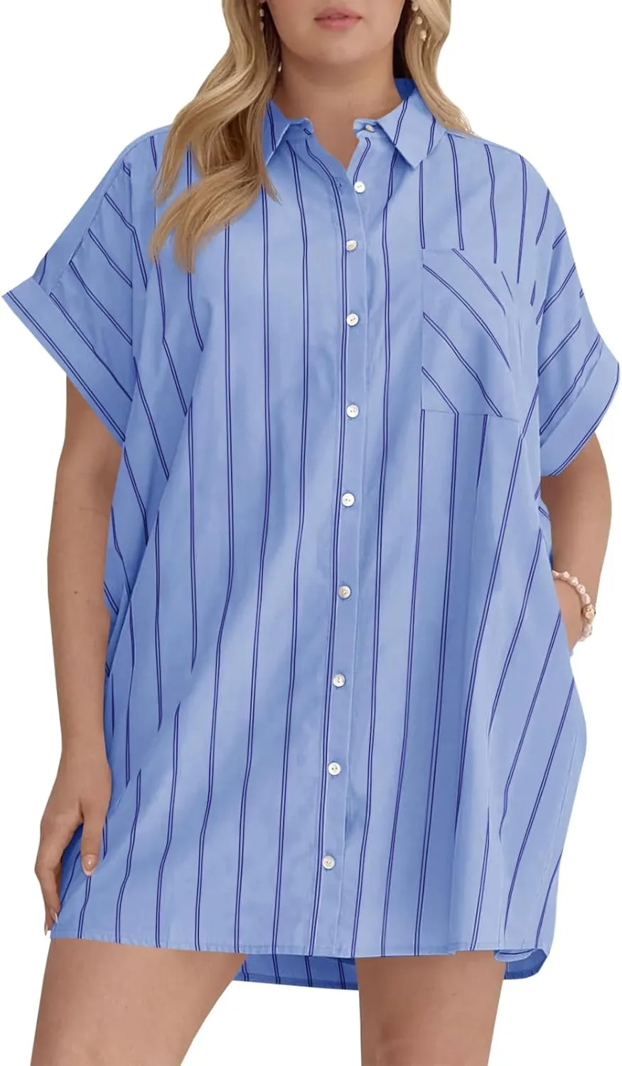Beautife Women's Plus Size Button Down Shirt Dress Summer Striped Short Sleeve Casual Loose Fit Office Mini Dress