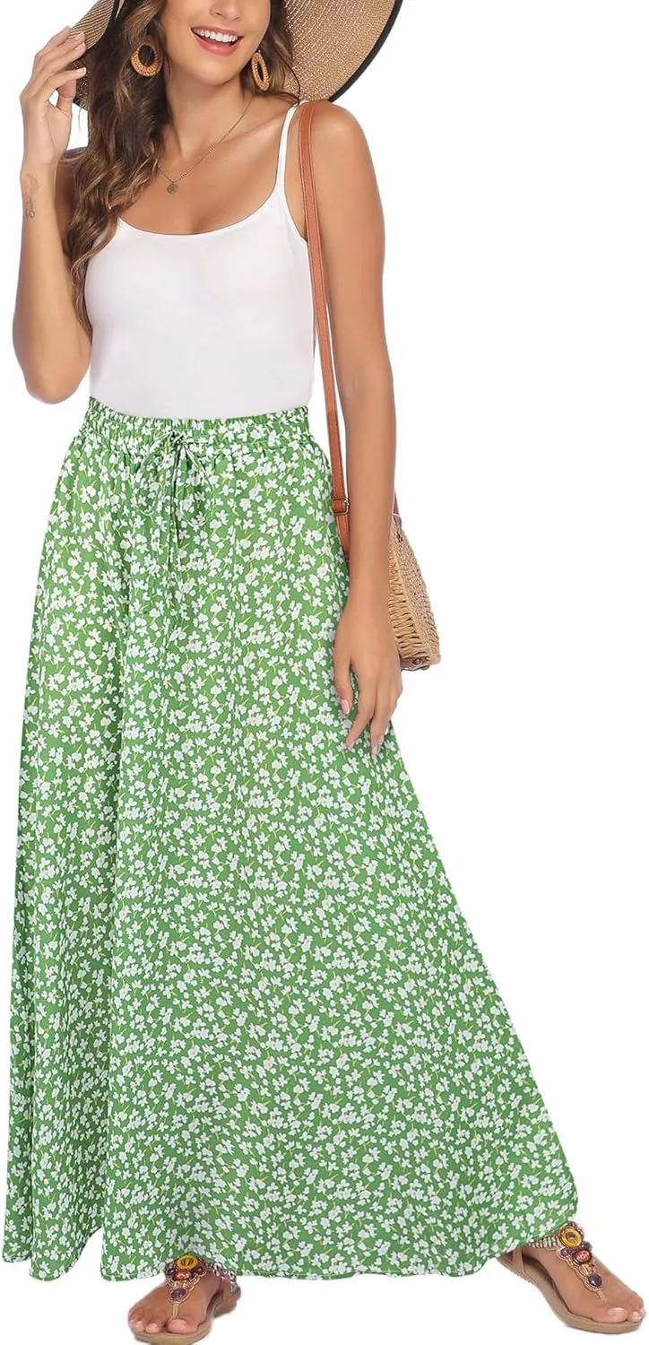 Bluetime Women Flowy Long Skirts Summer Beach Pleated Elastic High Waisted Casual Maxi Skirts