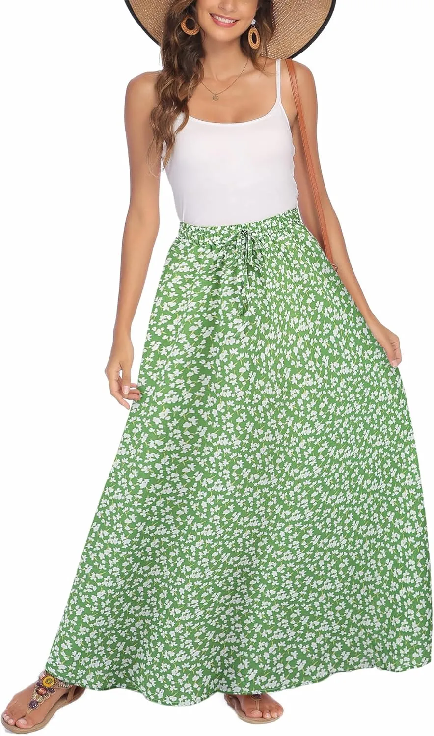 Bluetime Women Flowy Long Skirts Summer Beach Pleated Elastic High Waisted Casual Maxi Skirts