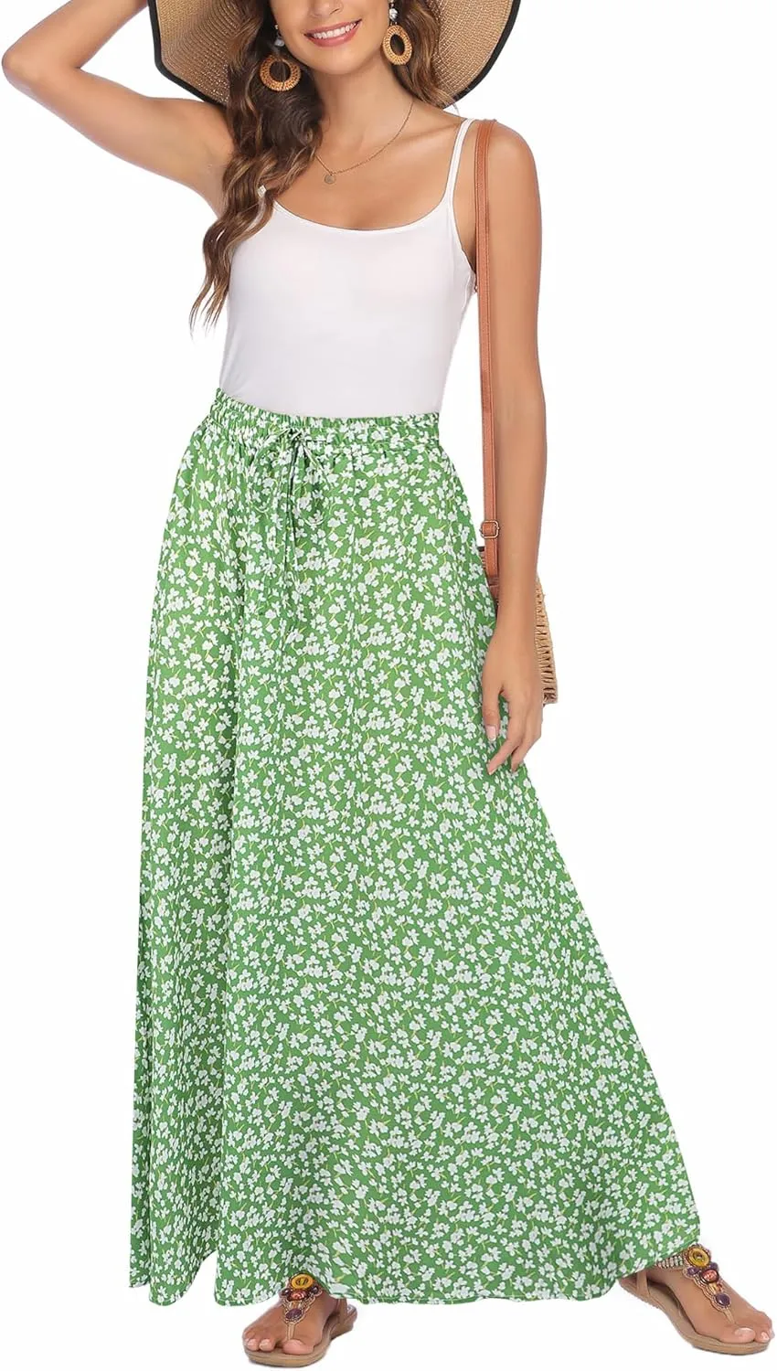 Bluetime Women Flowy Long Skirts Summer Beach Pleated Elastic High Waisted Casual Maxi Skirts