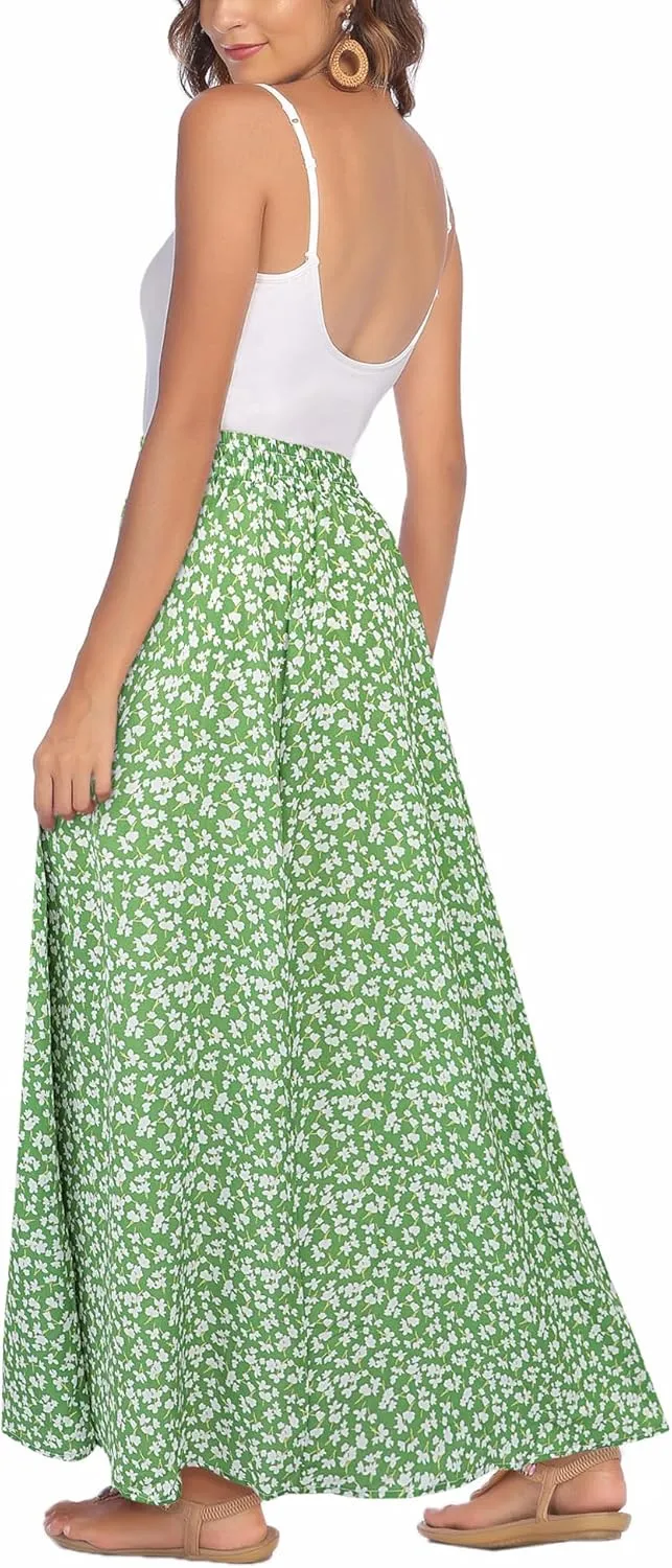 Bluetime Women Flowy Long Skirts Summer Beach Pleated Elastic High Waisted Casual Maxi Skirts