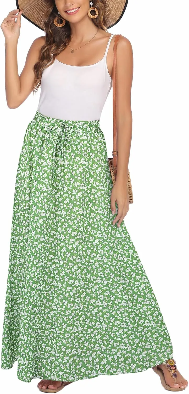 Bluetime Women Flowy Long Skirts Summer Beach Pleated Elastic High Waisted Casual Maxi Skirts