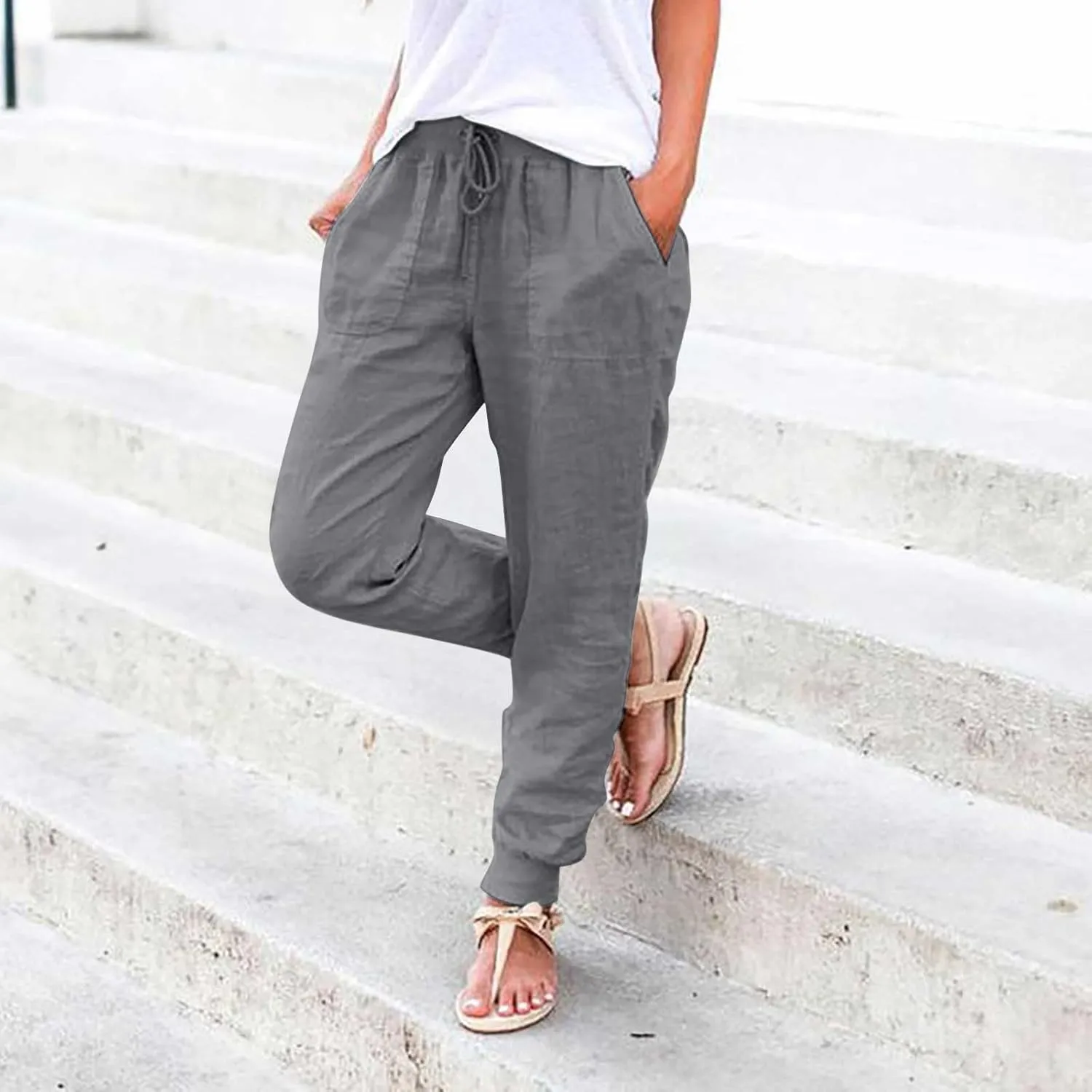 Cotton Joggers for Women Elastic Waist Lightweight Tapered Leg Sweatpants with Pockets Summer Casual Vacation Clothes