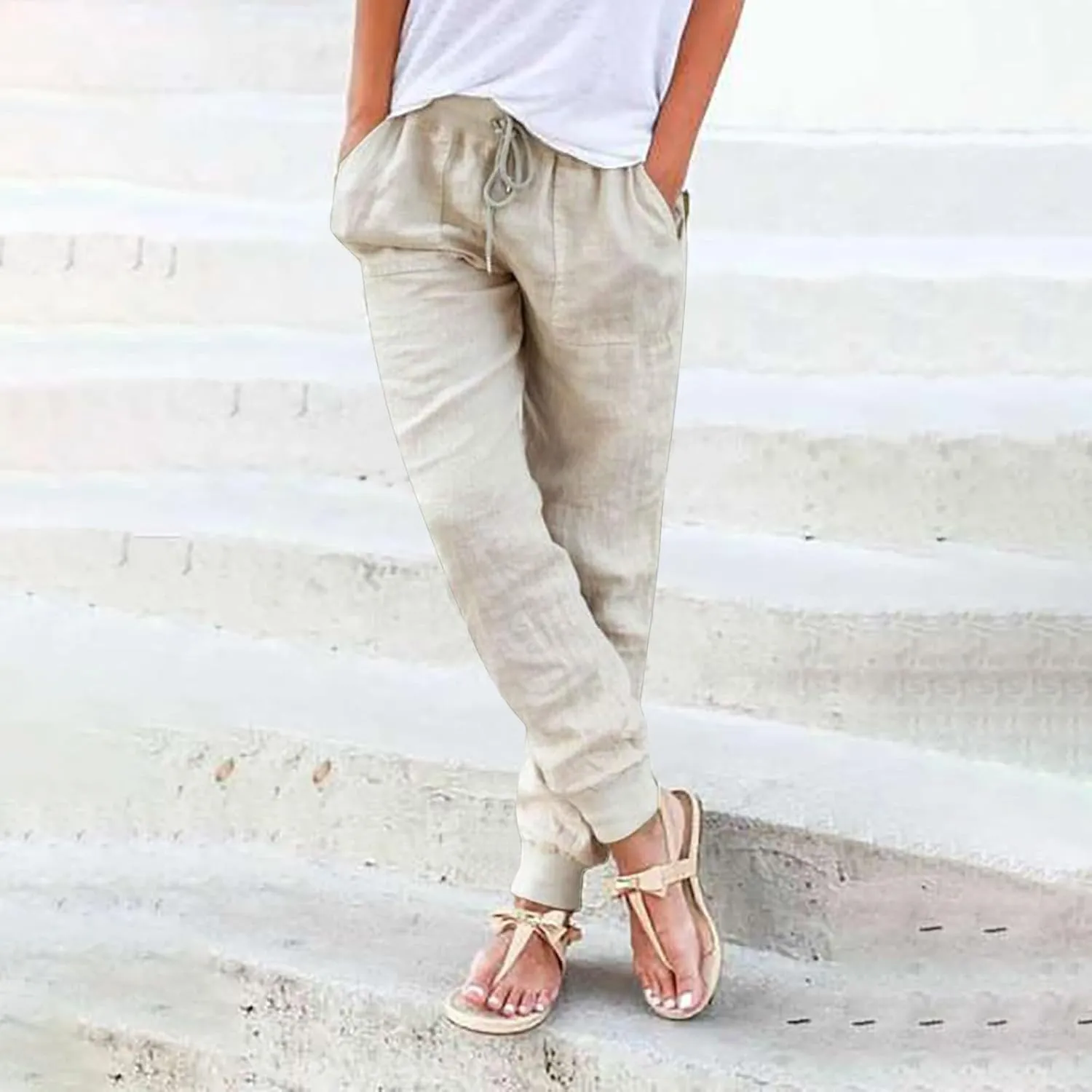 Cotton Joggers for Women Elastic Waist Lightweight Tapered Leg Sweatpants with Pockets Summer Casual Vacation Clothes