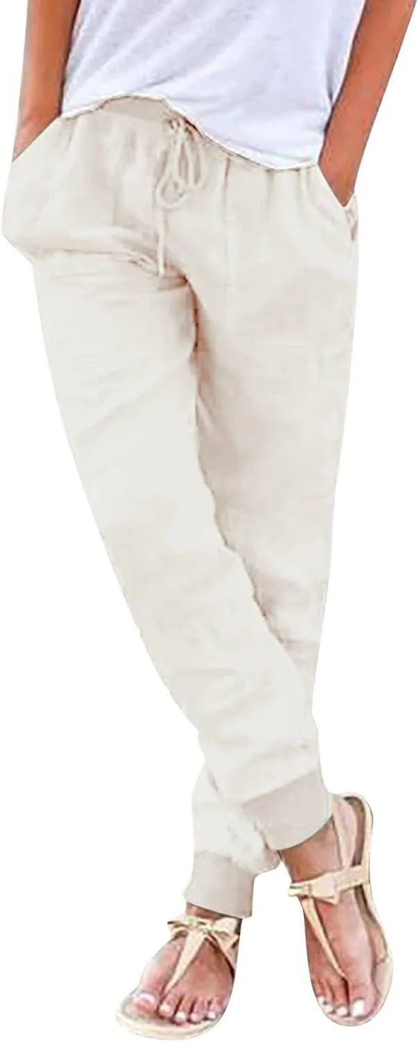 Cotton Joggers for Women Elastic Waist Lightweight Tapered Leg Sweatpants with Pockets Summer Casual Vacation Clothes