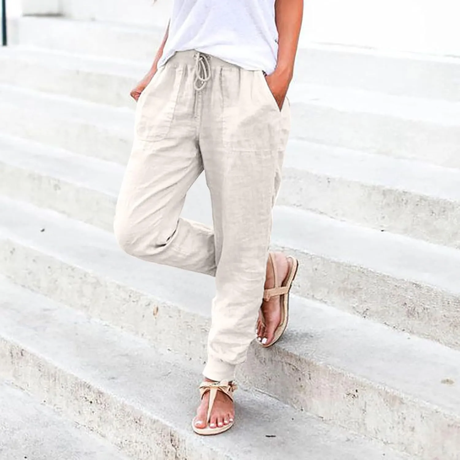 Cotton Joggers for Women Elastic Waist Lightweight Tapered Leg Sweatpants with Pockets Summer Casual Vacation Clothes
