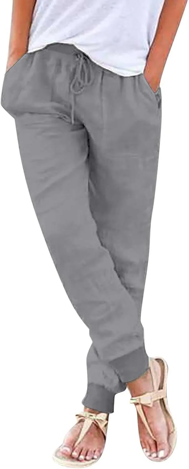 Cotton Joggers for Women Elastic Waist Lightweight Tapered Leg Sweatpants with Pockets Summer Casual Vacation Clothes