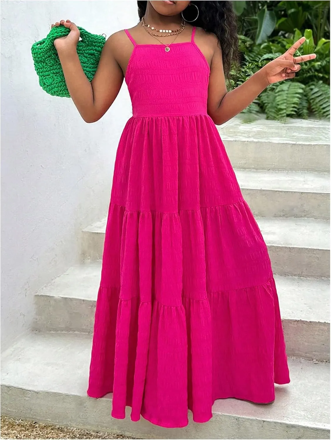 COZYEASE Girl's Boho Bowknot Backless Layered Ruffle Dress Sleeveless Smocked Flowy Maxi Vacation Dresses