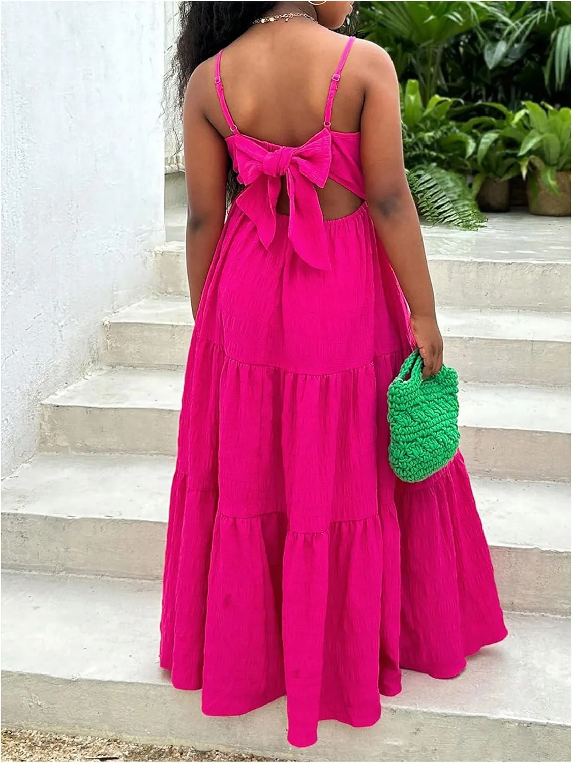 COZYEASE Girl's Boho Bowknot Backless Layered Ruffle Dress Sleeveless Smocked Flowy Maxi Vacation Dresses