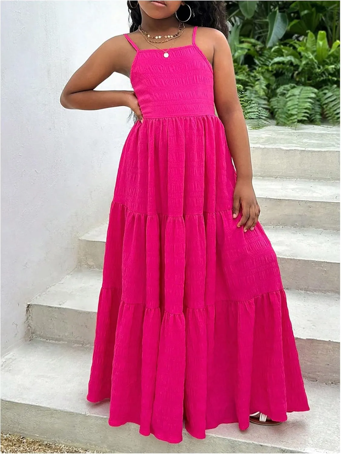 COZYEASE Girl's Boho Bowknot Backless Layered Ruffle Dress Sleeveless Smocked Flowy Maxi Vacation Dresses