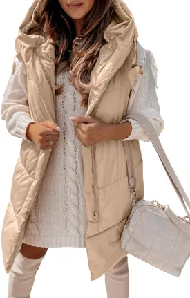 Danedvi Women's Winter Hooded Puffer Vest Side Zip up Casual Sleeveless Long Coats Jacket