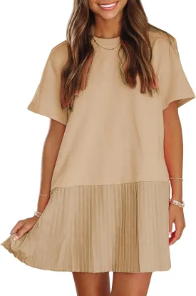 EXLURA Womens Summer Casual Short Sleeve Dress Crewneck Tshirt Dresses Pleated Aline Mini Dress 2025 Vacation Beach Sundress