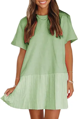 EXLURA Womens Summer Casual Short Sleeve Dress Crewneck Tshirt Dresses Pleated Aline Mini Dress 2025 Vacation Beach Sundress