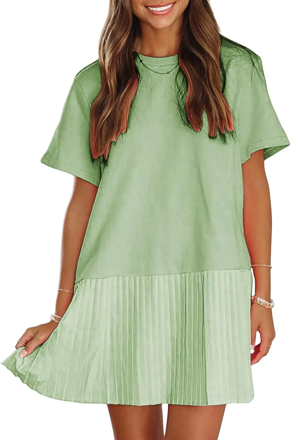 EXLURA Womens Summer Casual Short Sleeve Dress Crewneck Tshirt Dresses Pleated Aline Mini Dress 2025 Vacation Beach Sundress