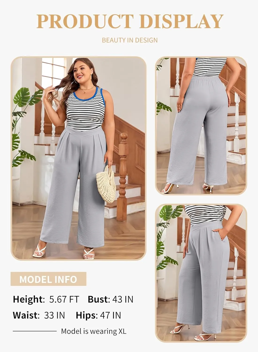 Eytino Womens Plus Size Wide Leg Pants Crossover Waist Pleated Front Casual Work Pants Lounge Trouser with Pockets(1X-5X)