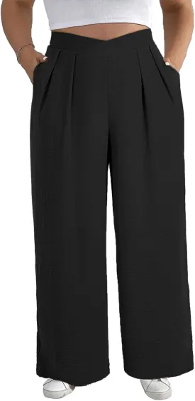 Eytino Womens Plus Size Wide Leg Pants Crossover Waist Pleated Front Casual Work Pants Lounge Trouser with Pockets(1X-5X) Eytino Womens Plus Size Wide Leg Pants Crossover Waist Pleated Front Casual Work Pants Lounge Trouser with Pockets(1X-5X)