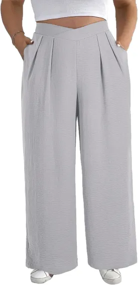 Eytino Womens Plus Size Wide Leg Pants Crossover Waist Pleated Front Casual Work Pants Lounge Trouser with Pockets(1X-5X) Eytino Womens Plus Size Wide Leg Pants Crossover Waist Pleated Front Casual Work Pants Lounge Trouser with Pockets(1X-5X)