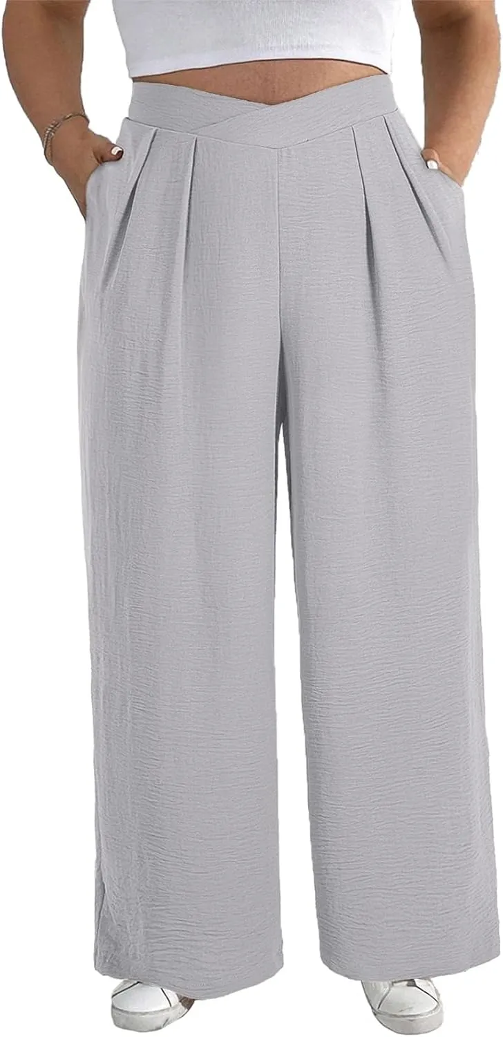 Eytino Womens Plus Size Wide Leg Pants Crossover Waist Pleated Front Casual Work Pants Lounge Trouser with Pockets(1X-5X)