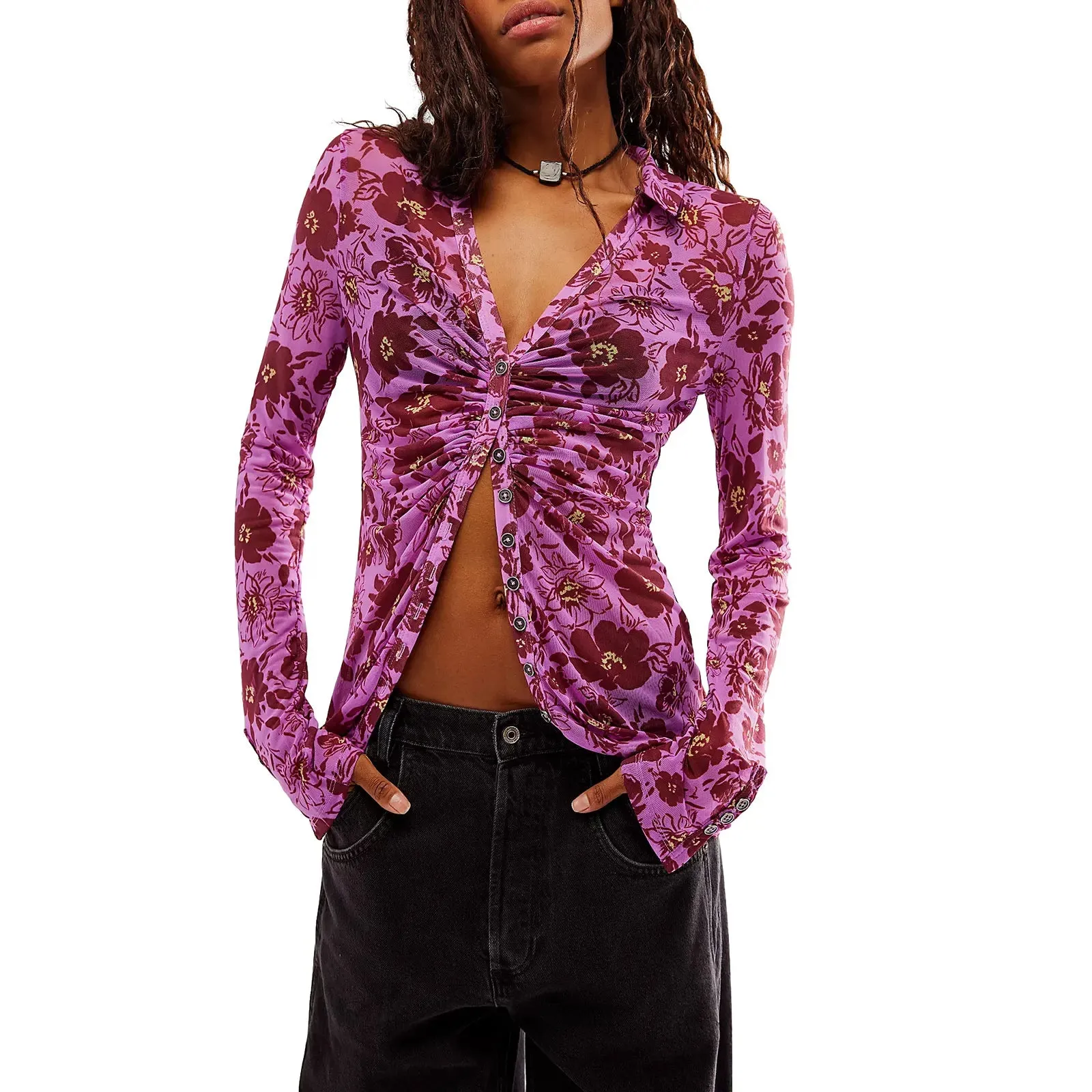 Floral Print V Neck Long Sleeve Ruched Slim Fit Crop Fairy Grunge Retro Blouse