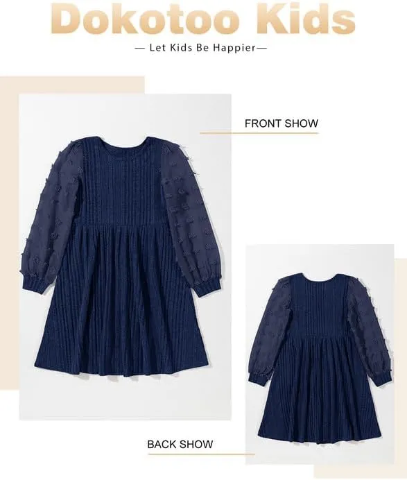 Girls Fall Long Sleeve Knit Dresses Casual Crewneck Swiss Dot A-line Dress 6-15 Years
