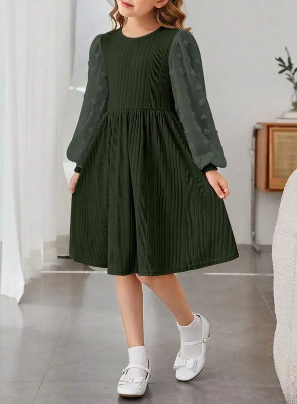 Girls Fall Long Sleeve Knit Dresses Casual Crewneck Swiss Dot A-line Dress 6-15 Years