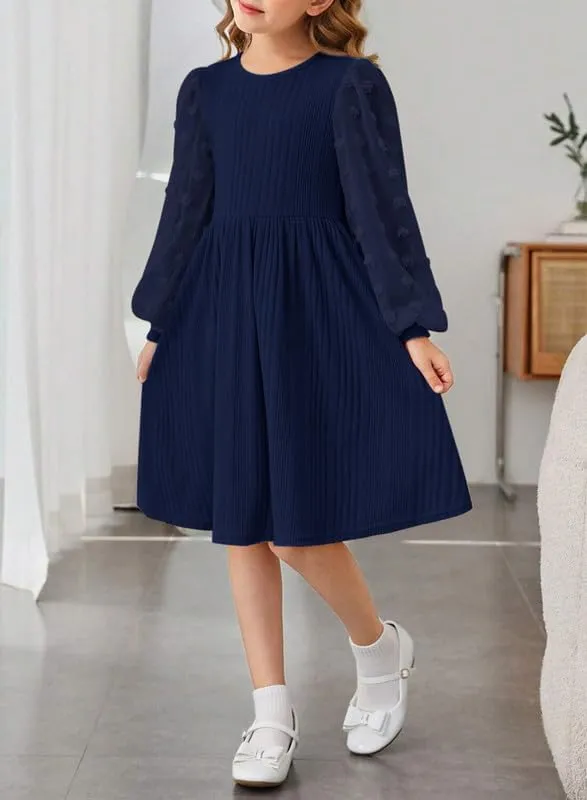 Girls Fall Long Sleeve Knit Dresses Casual Crewneck Swiss Dot A-line Dress 6-15 Years