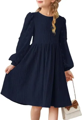 Girls Fall Long Sleeve Knit Dresses Casual Crewneck Swiss Dot A-line Dress 6-15 Years