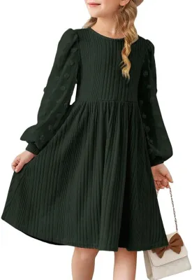 Girls Fall Long Sleeve Knit Dresses Casual Crewneck Swiss Dot A-line Dress 6-15 Years