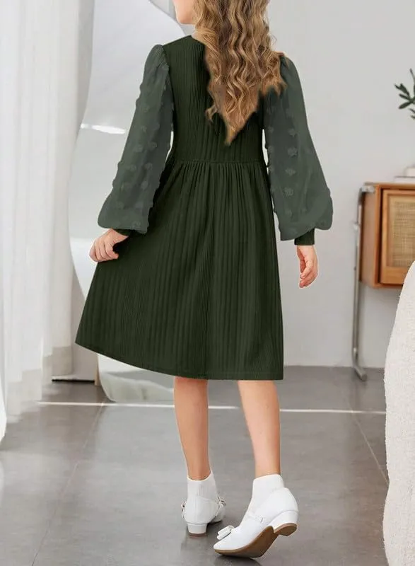 Girls Fall Long Sleeve Knit Dresses Casual Crewneck Swiss Dot A-line Dress 6-15 Years