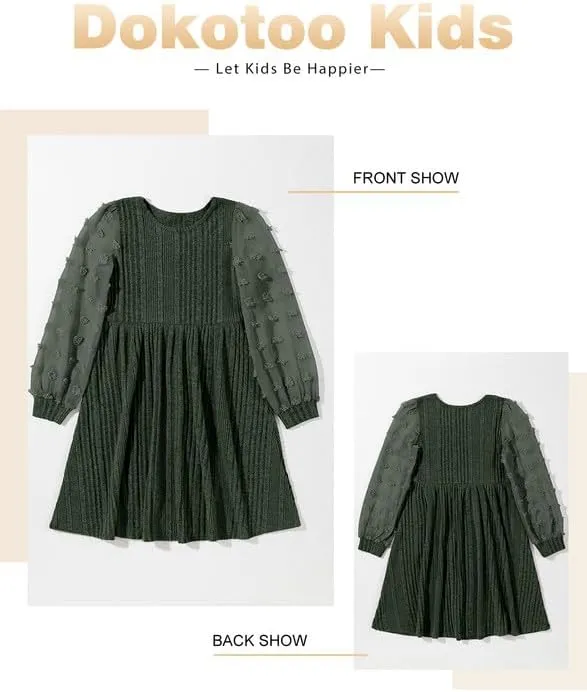 Girls Fall Long Sleeve Knit Dresses Casual Crewneck Swiss Dot A-line Dress 6-15 Years